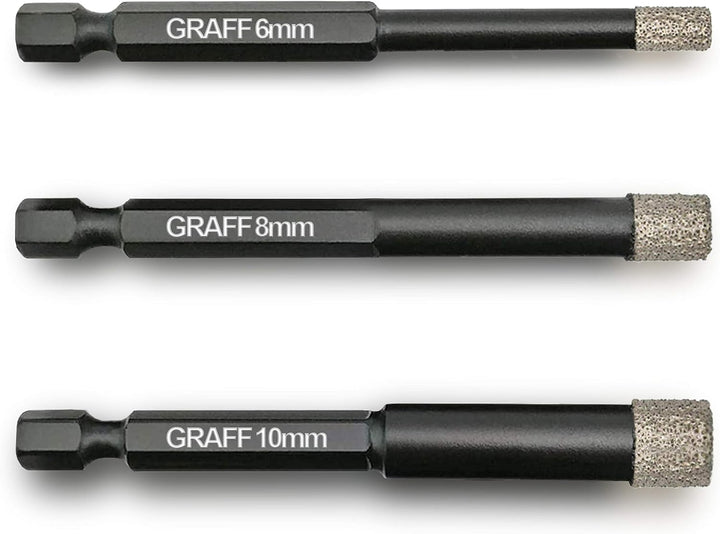 GRAFF Diamantbohrer Fliesenbohrer Set 6 I 8 I 10 mm für Fliesen Glas Кeramik Granit Stein - Feinstei