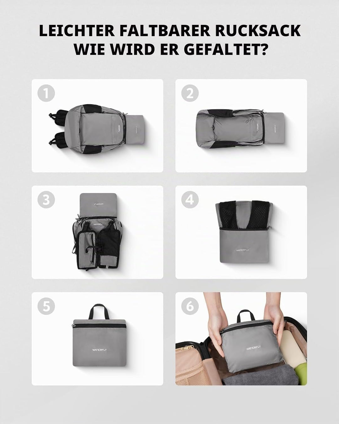 WATERFLY Faltbarer Rucksack Klein Ultraleicht: 15L Wanderrucksack Leicht Tagesrucksack Packable Dayp
