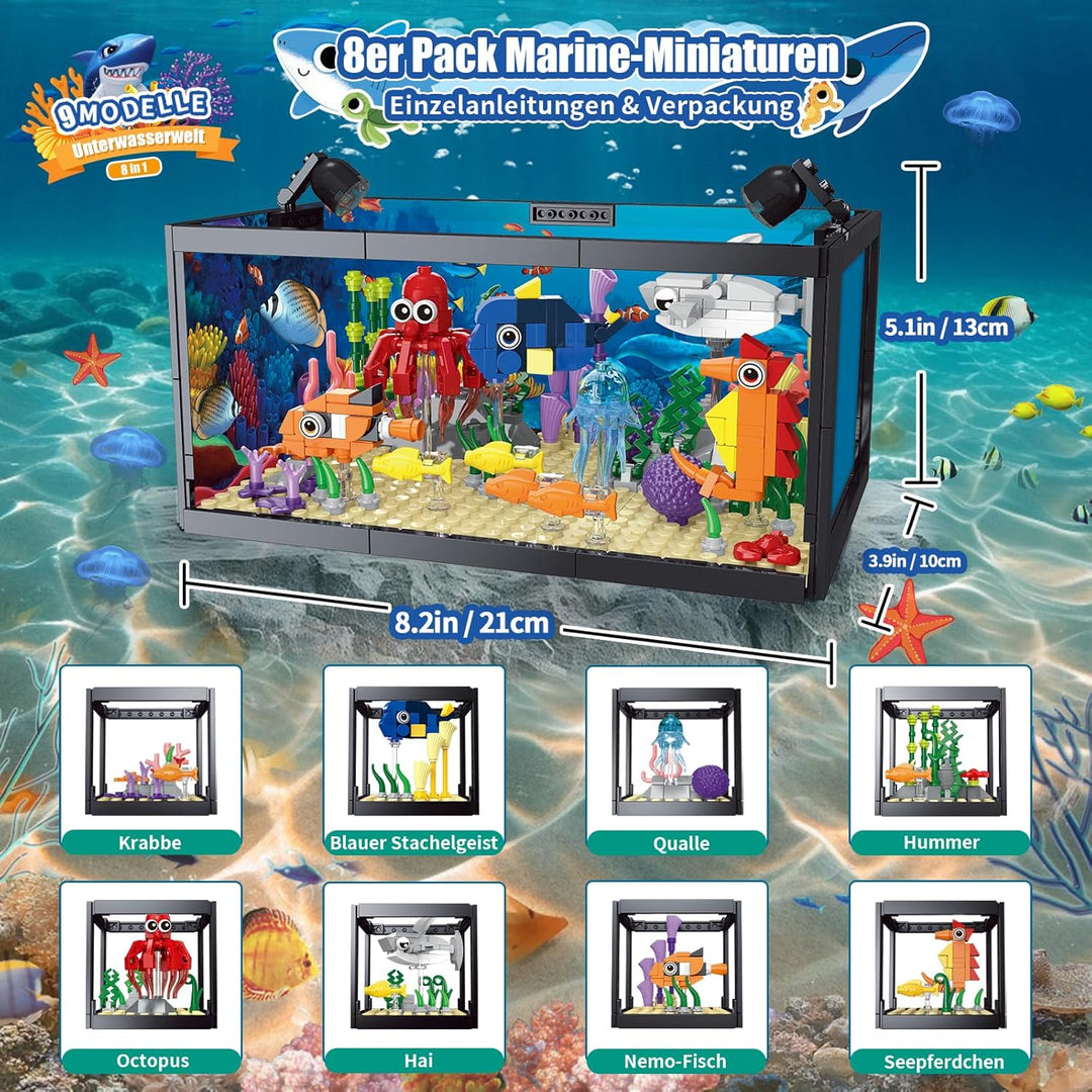 8-in-1 Aquarium Fish Tank Baustein mit LED Licht, einschliesslich Meeresquallen, Fischen, Tierbauspi