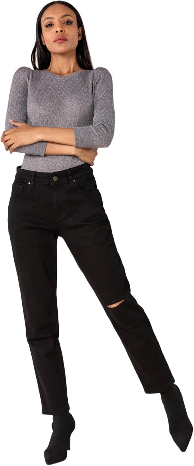 Nina Carter Damen Boyfriend Jeanshosen High Waist MOM Jeans Cutted Knee Used-Look Waschungseffekt XS