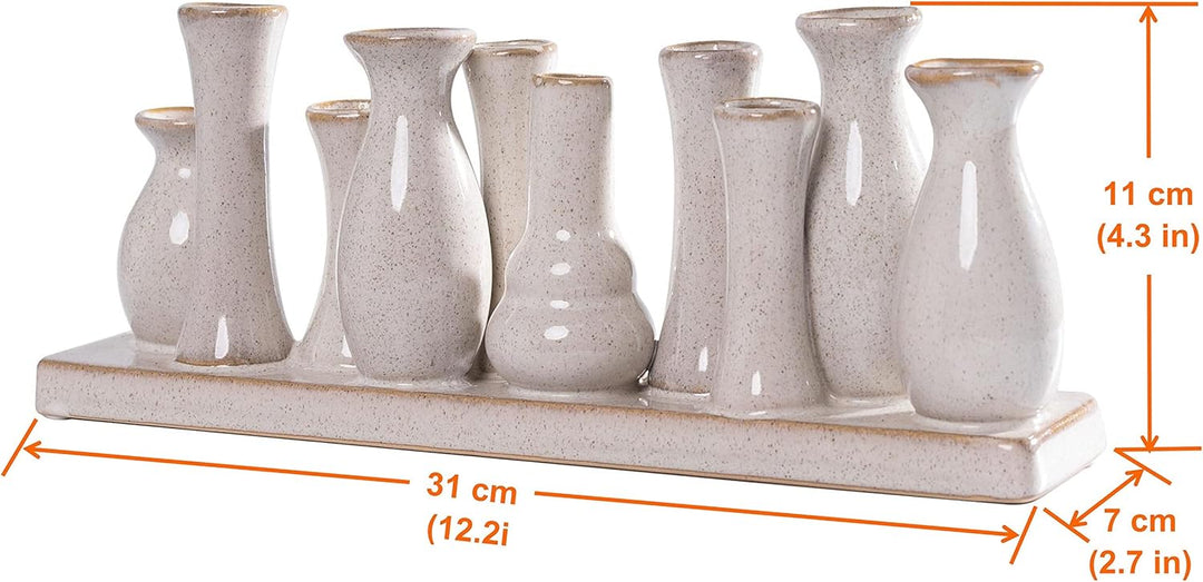 Jinfa Keramikvasen Set – 10 kleine Vasen auf Sockel – Antik-Weiss – Handgefertigte Mini Vasen – Boho