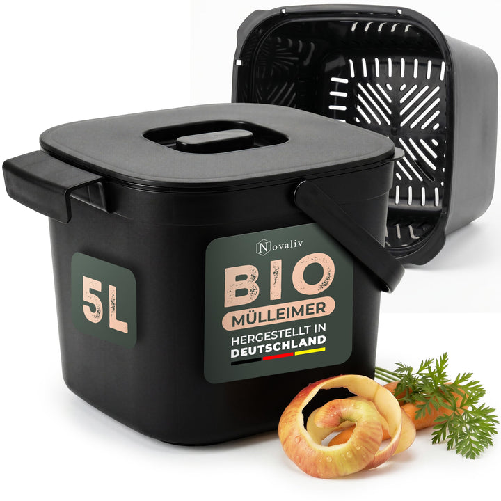 Novaliv Bio-Tischmülleimer 5L Schwarz mit Sieb, Komposteimer Küche mit Klappdeckel & Tragegriff, Bio