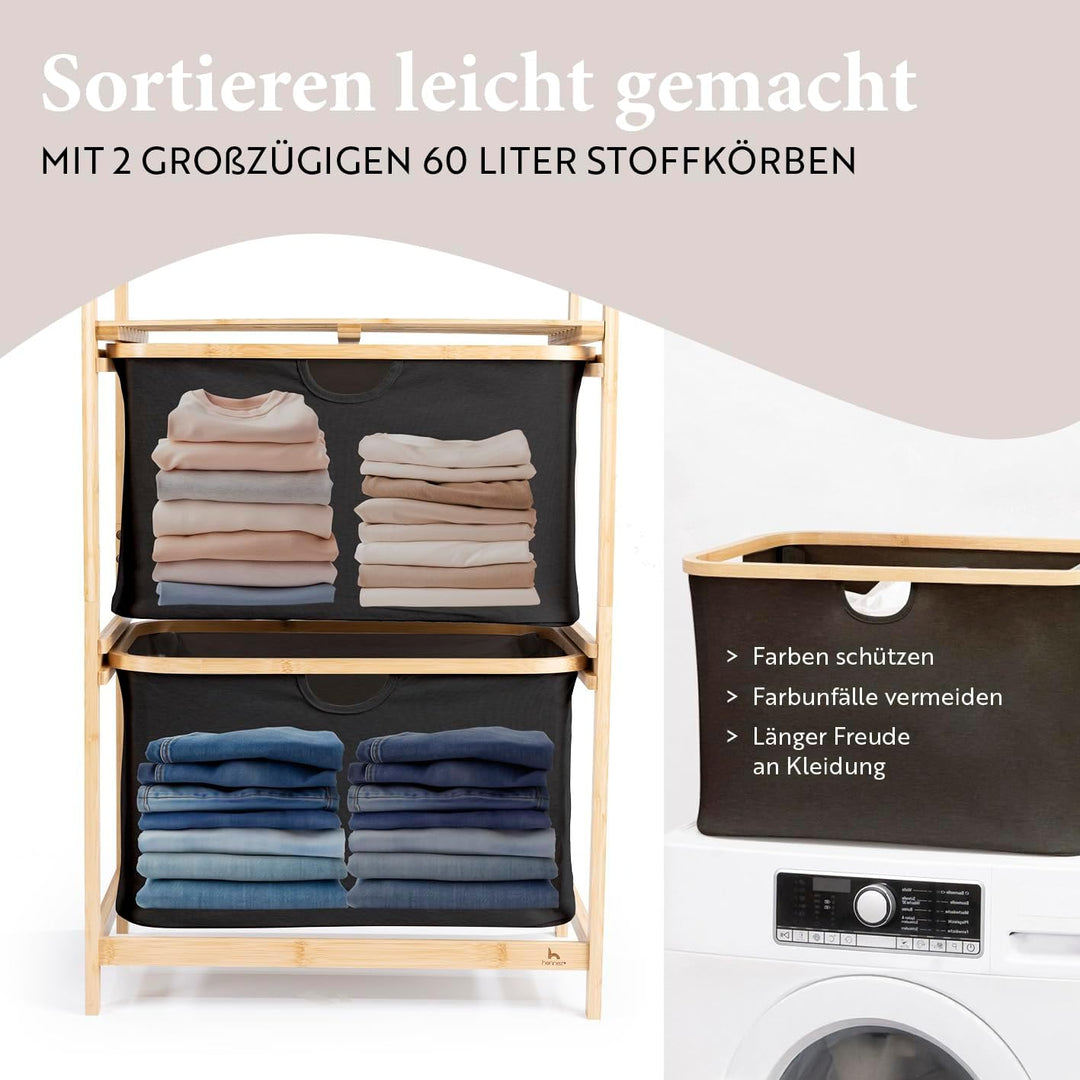 HENNEZ Badezimmerregal 2 Fächer | Bambusregal mit Ablage und 2 Körben | Badregal mit Schubladenboxen