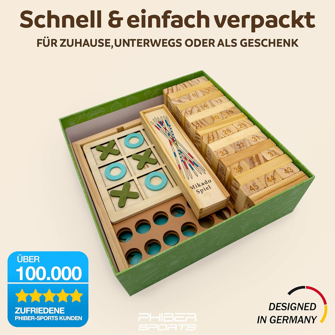 PHIBER-SPORTS 4-in-1 Holz Spielesammlung: Wackelturm, Vier-in-Einer-Reihe, Tic Tac Toe & Mikado Kind