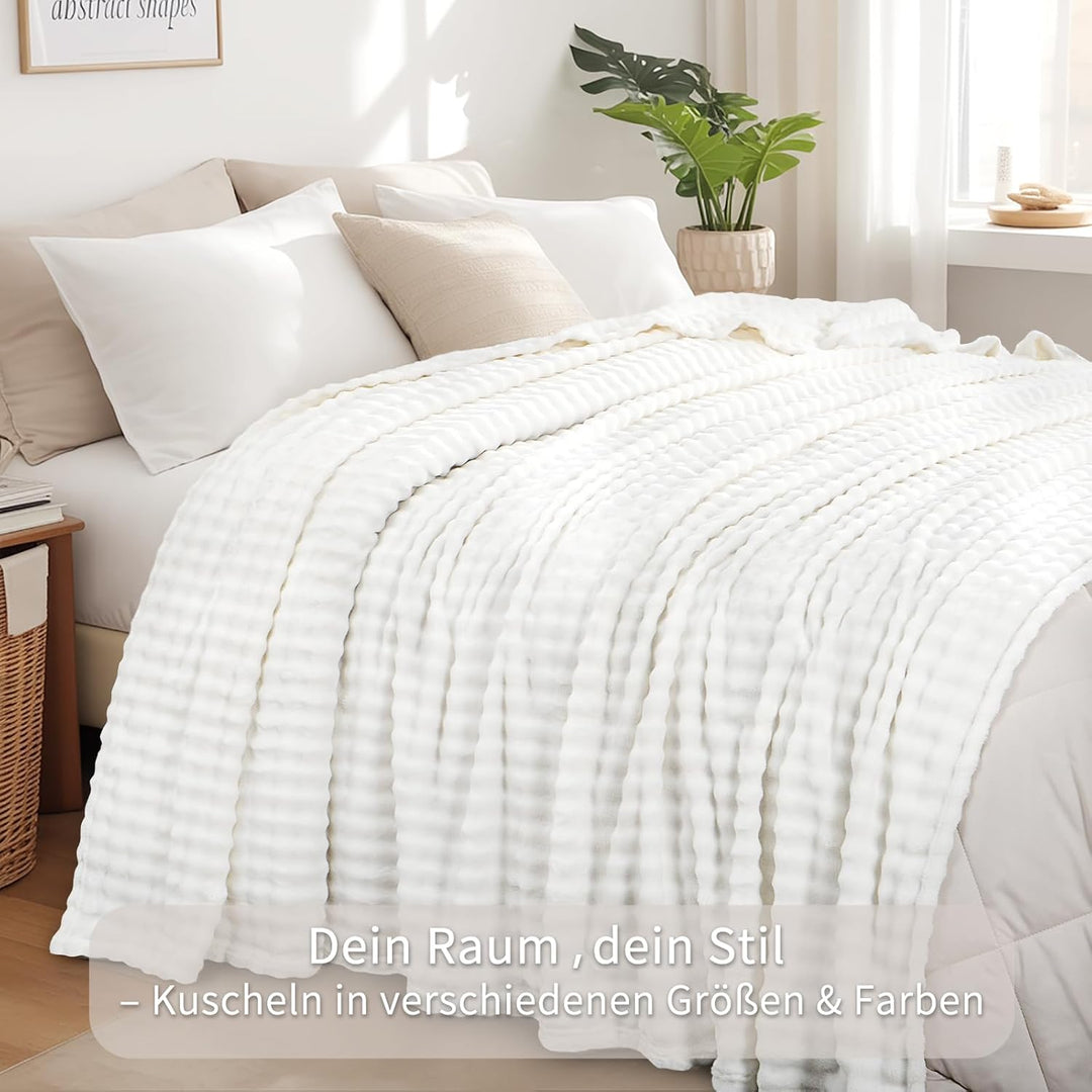 RUIKASI Bubble Decke Kuscheldecke Flauschig Weiss - Weiche Sofadecke & Couchdecke 230x270 cm aus Plü