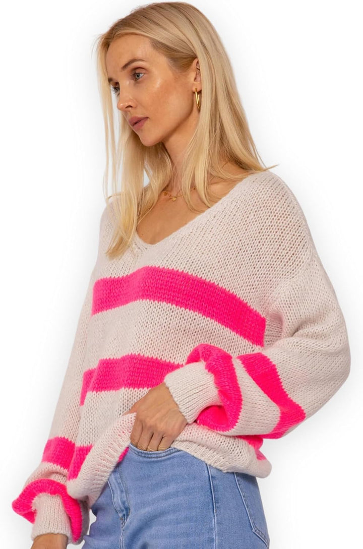 SASSYCLASSY Streifen Strickpullover Damen Oversize - Madie in Italy - grobmaschig V Ausschnitt Pulli