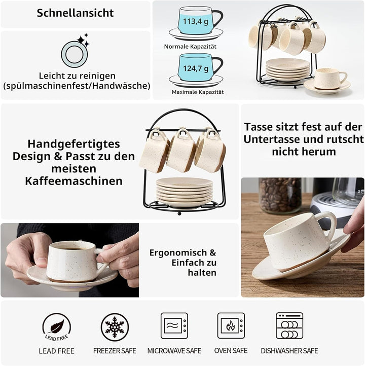PORCER 6×130 ml (4,4 oz) Keramik-Kaffeetasse und Untertasse mit schwarzem Metallständer, stapelbare