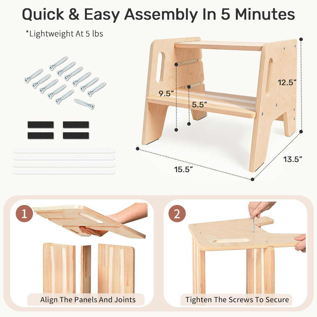 WINGYZ Tritthocker Kinder 2 Stufen aus Holz Zweistufiger Hocker mit 3 verstellbaren Höhen, 2 Griffen