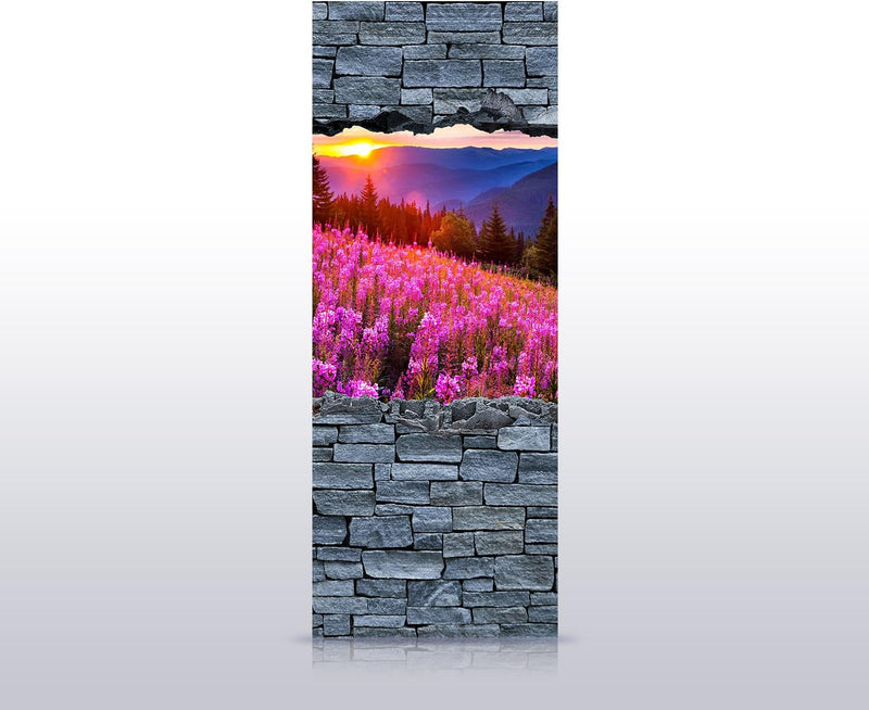 wandmotiv24 Türtapete 3D Herbst in den Bergen - grobe Steinmauer 80 x 200cm (B x H) - Dekorfolie sel