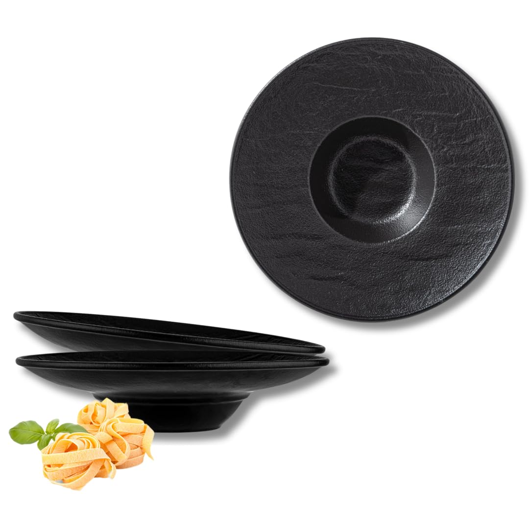 Wilmax | Tiefe Schalen - 2 Stück 27 cm / 250 ml | Schwarze Pastateller | Natursteintextur | Für Past