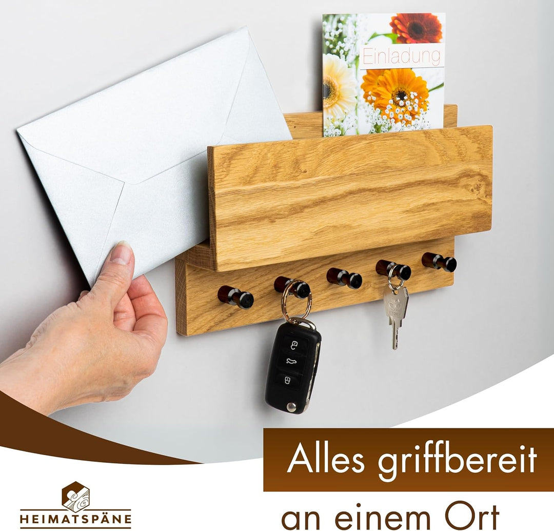 Schlüsselbrett Holz mit Ablage - massives Eichenholz, hochwertige schwarze Edelstahlhaken, Schlüssel