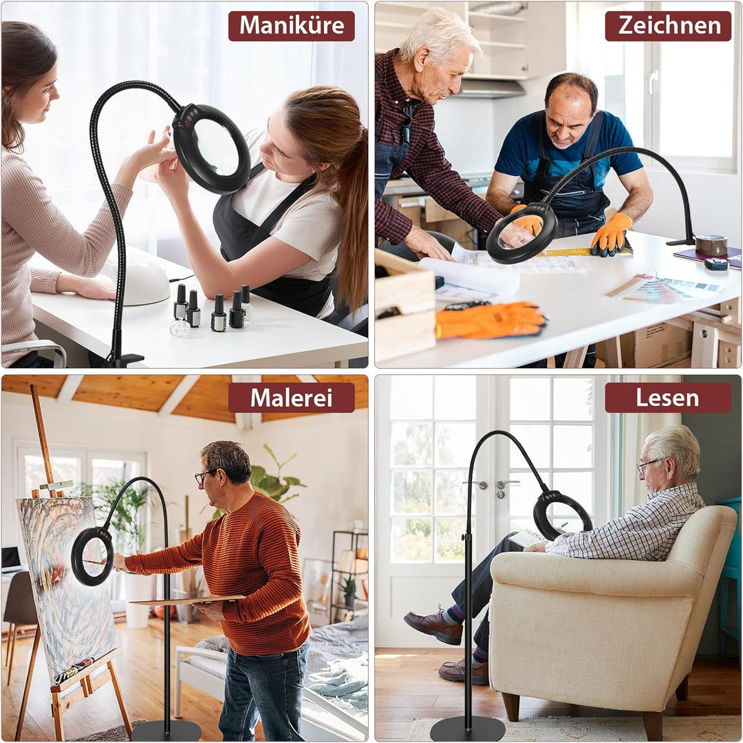 Veemagni 10X Echte Glaslinsen Lupe mit Licht und Ständer, 24" Flexible Schwanenhals-Lupe Stehlampe,