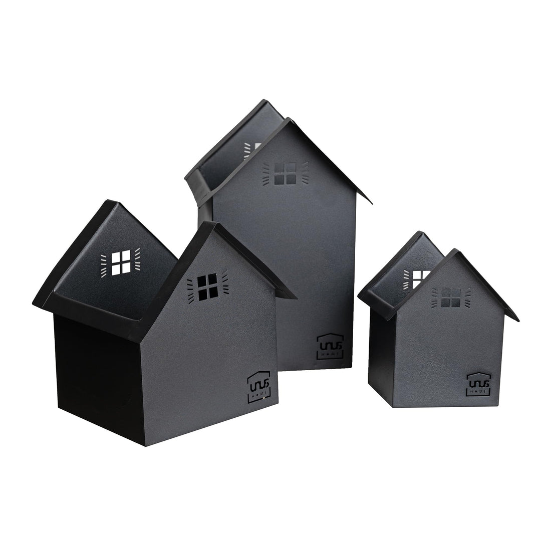 UNUS Deko Häuser 3er Set, Lichthäuser aus Metall in schwarz, Herbstdeko Outdoor, Weihnachtsdorf mit