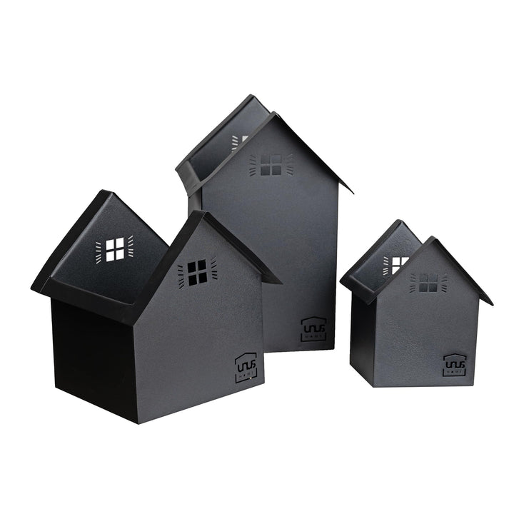 UNUS Deko Häuser 3er Set, Lichthäuser aus Metall in schwarz, Herbstdeko Outdoor, Weihnachtsdorf mit