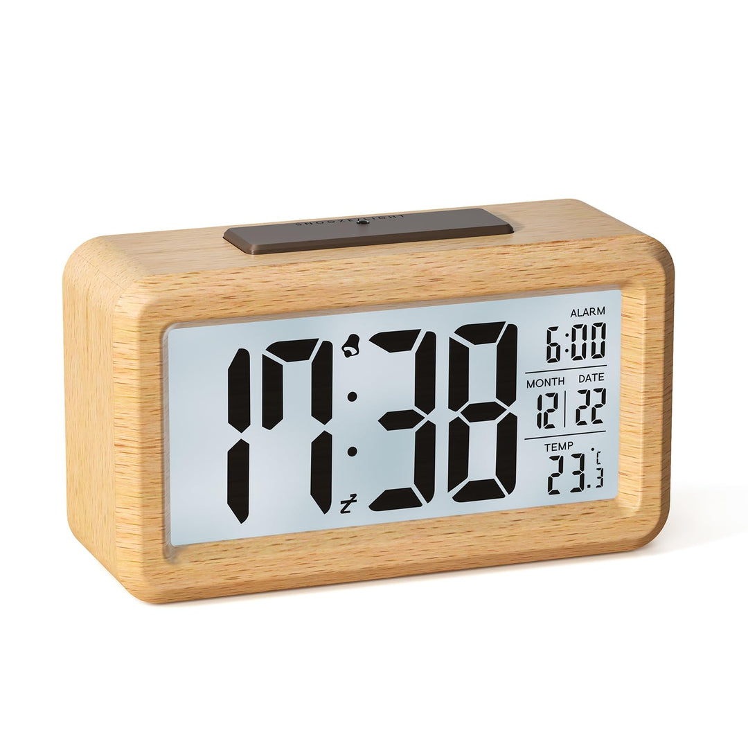 HERMIC Wecker Digital aus Holz mit Grossem LCD-Display, Datum, Temperatur, Automatischem Lichtsensor