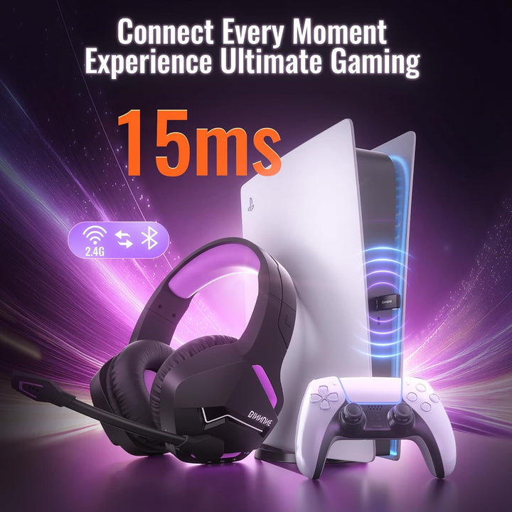 BINNUNE Gaming Headset, Wireless Headset für PS4 PS5 PC PlayStation 4 5, Gaming Kopfhörer mit Mikrof