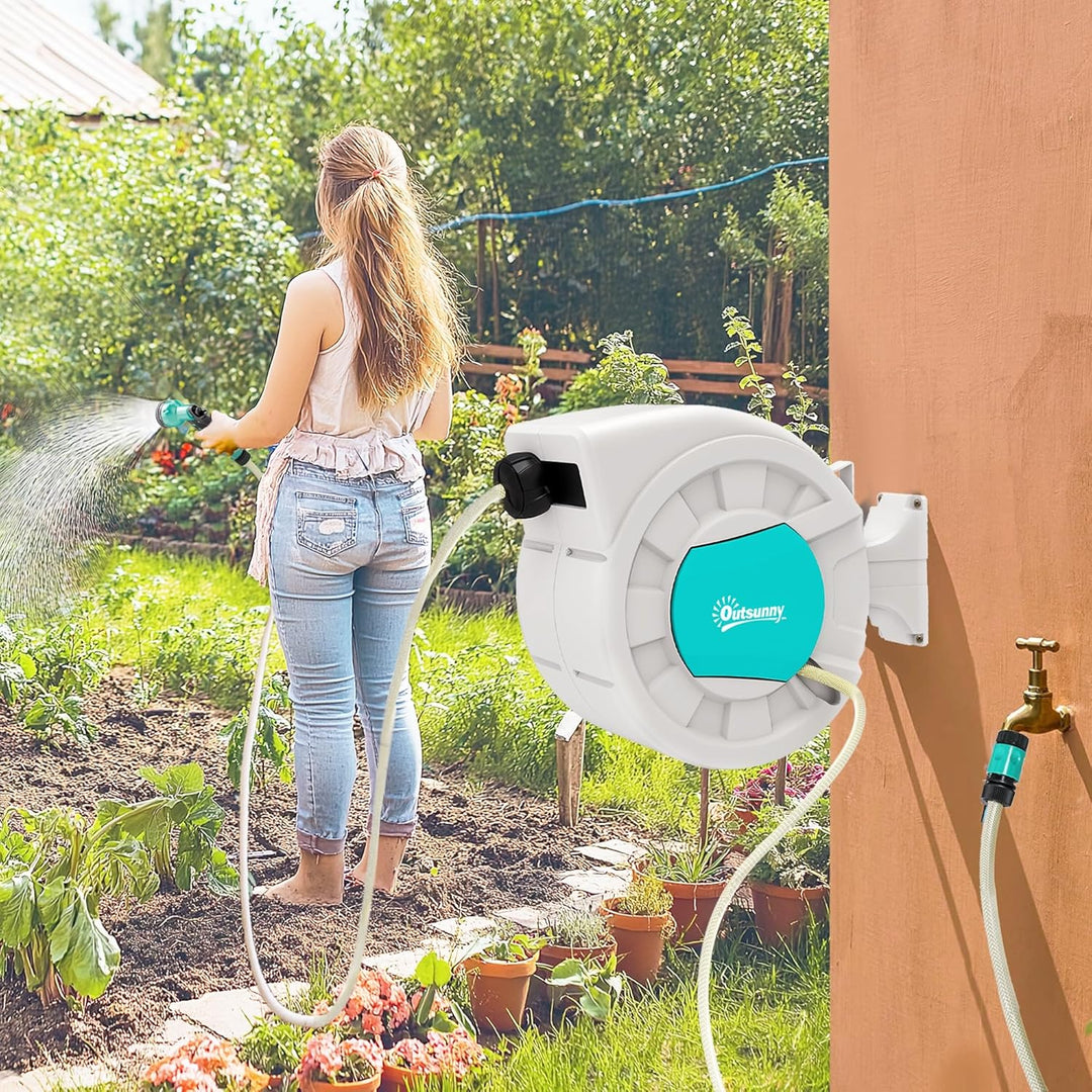 Outsunny Schlauchaufroller, Wasserschlauchhaspel, 25+2 m, mit Wandhalterung + Griff, um 180° drehbar