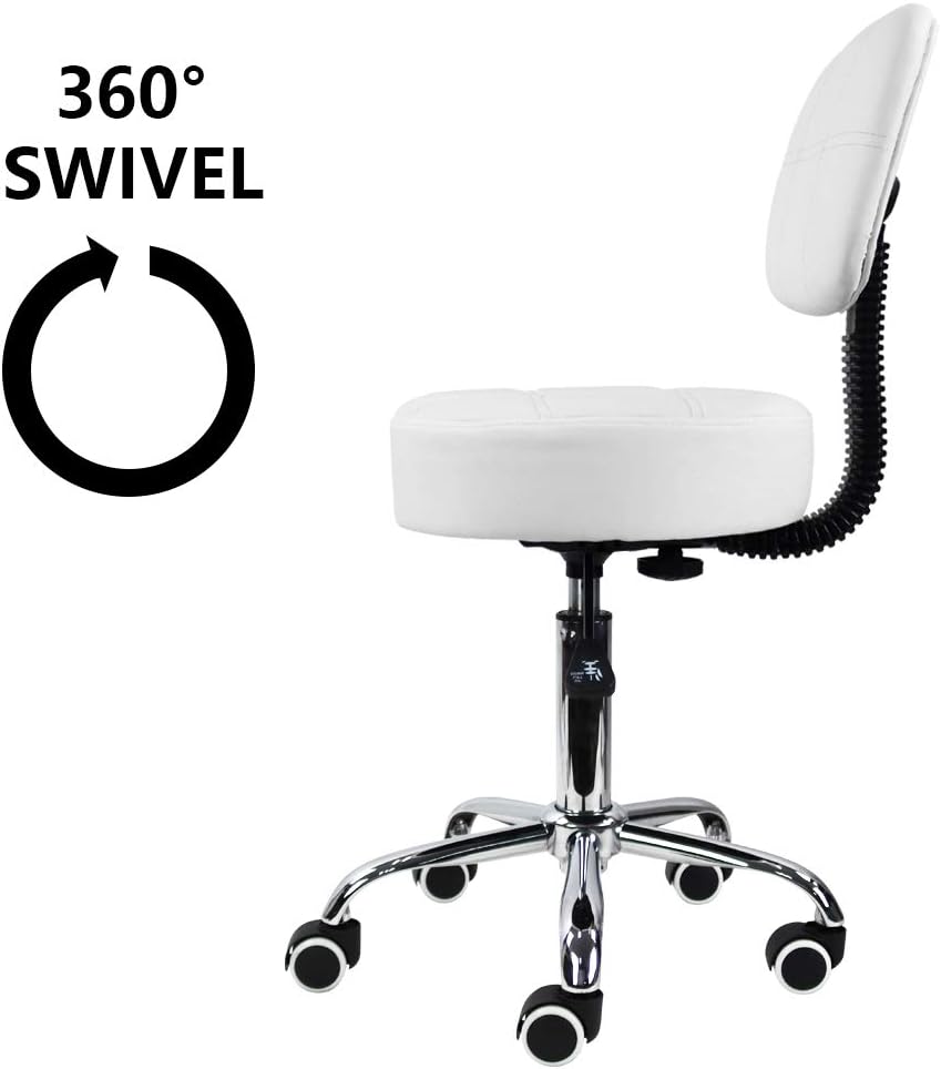 KKTONER Rollhocker Arbeitshocker mit Rückenlehne Höhenverstellbarer 50-64cm PU Leder Weiss, Weiss