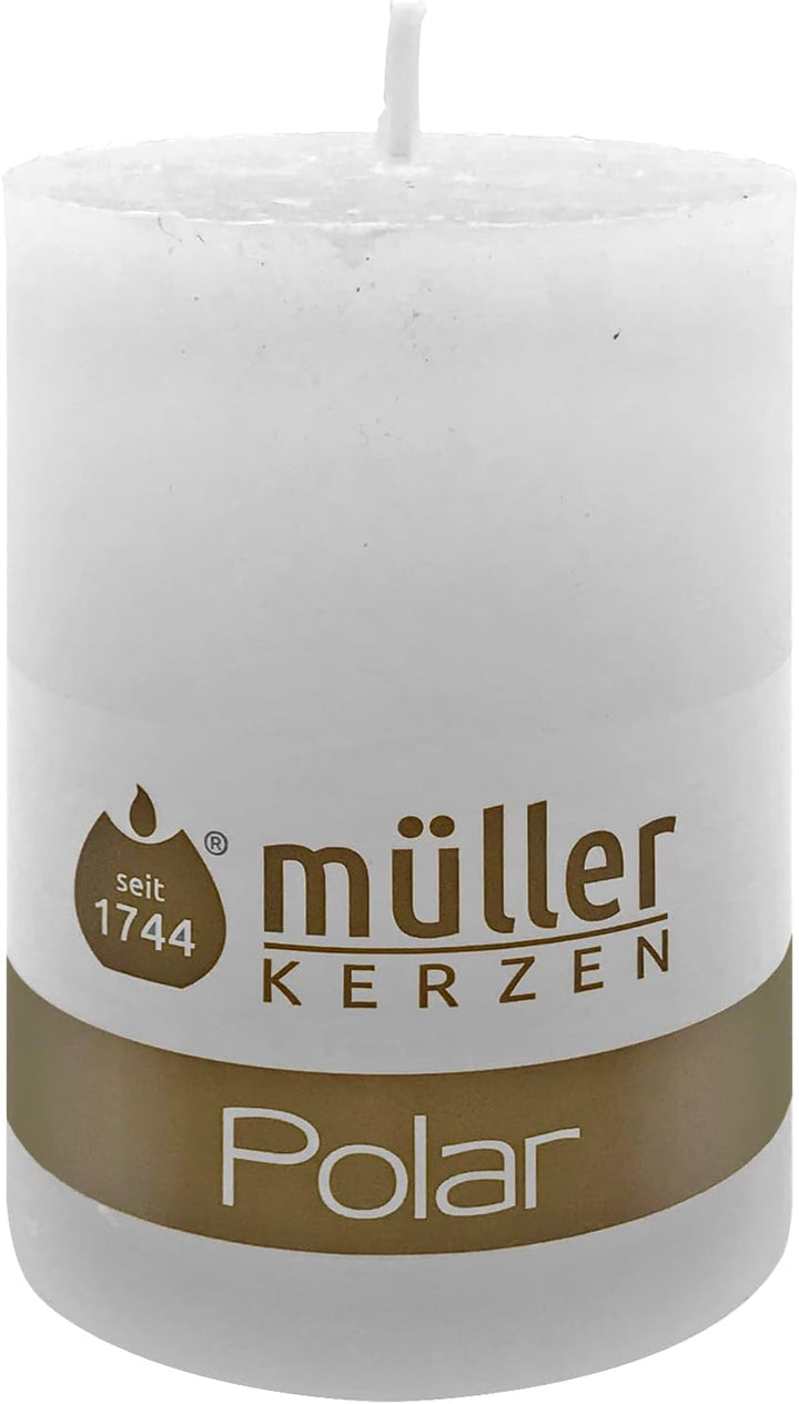 Müller Kerzen POLAR Stumpenkerzen mit Raureif-Effekt - Set mit 4 Rustikale Kerzen - Weiss - 68 x 100