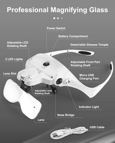 AUTOPkio Lupenbrille mit Licht Aufbewahrungstasche, USB Wiederaufladbar Kopflupe Stirnbandlupe Lupe