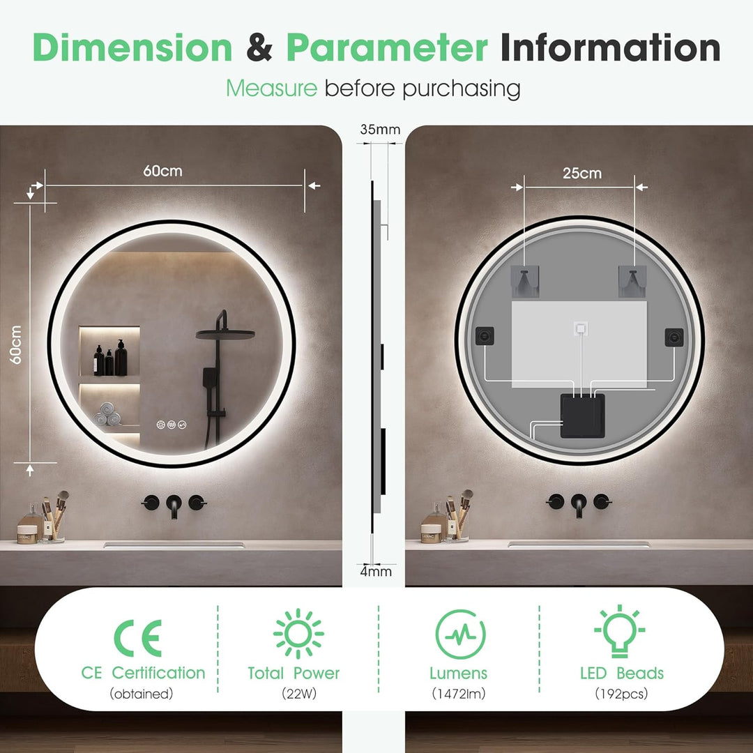 S'bagno Badspiegel-mit-Beleuchtung 60CM, LED-Badspiegel-Rund mit Bluetooth, Anti-Fog, 3 Lichtfarben,