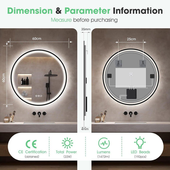 S'bagno Badspiegel-mit-Beleuchtung 60CM, LED-Badspiegel-Rund mit Bluetooth, Anti-Fog, 3 Lichtfarben,