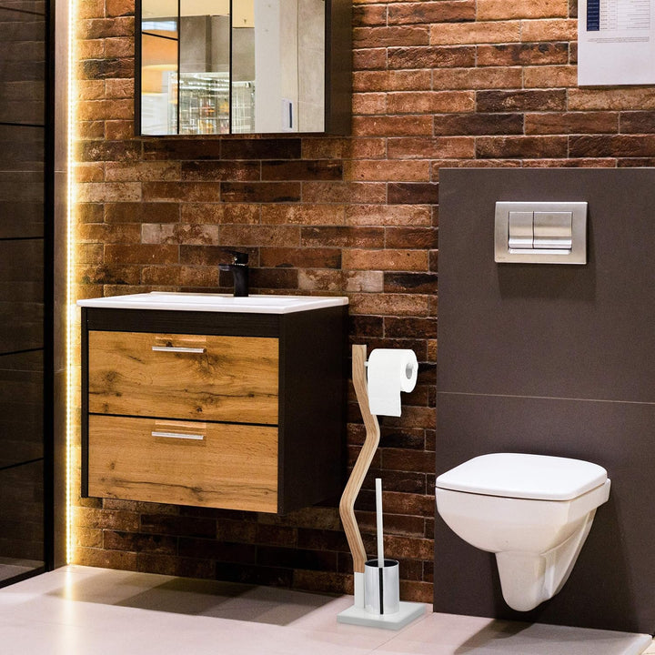 Relaxdays WC Garnitur stehend, Holz und Stahl, Toilettenpapierhalter mit Bürste, HBT 75 x 18,5 x 18,