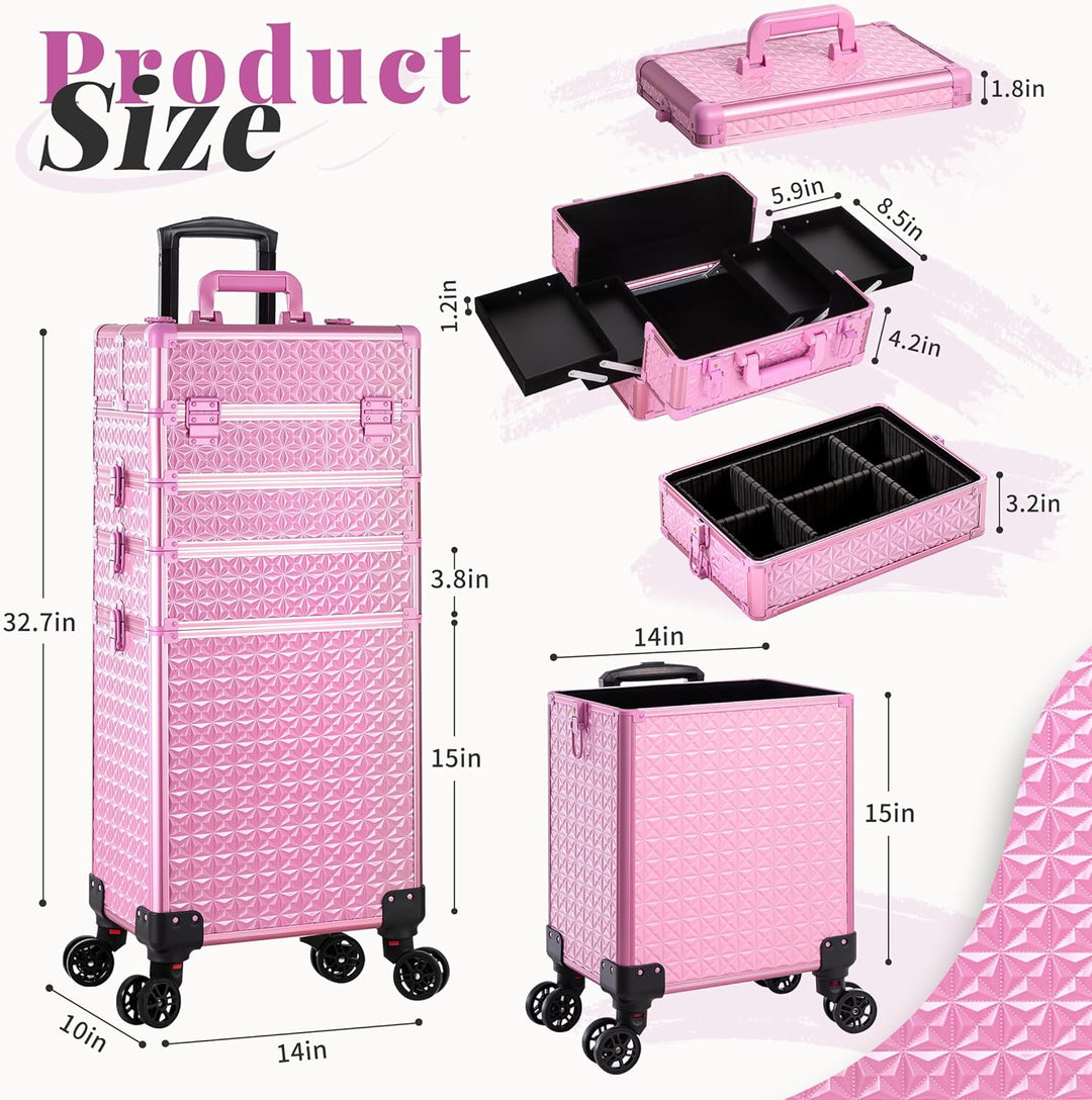 Arous 5-in-1 Profi-Kosmetikkoffer, Aluminium, mit 360° drehbaren Rädern Hellrosa, Hellrosa