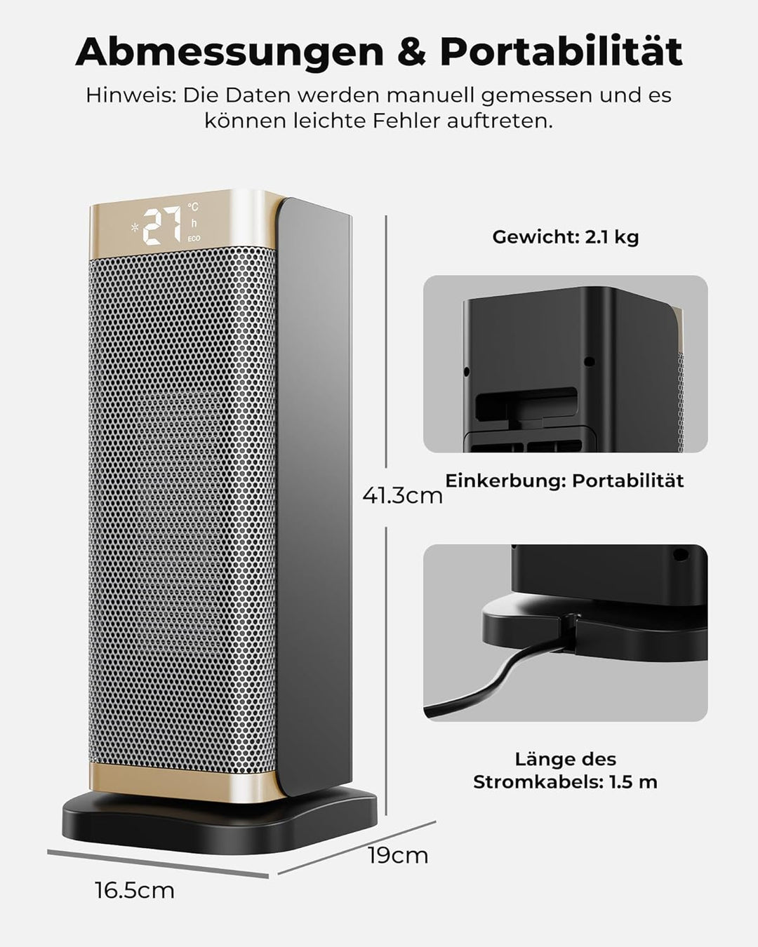 2000W Energiesparend Heizlüfter Leise - 3 Gänge PTC Keramik Schnell Heizung mit ECO Konstante Temper