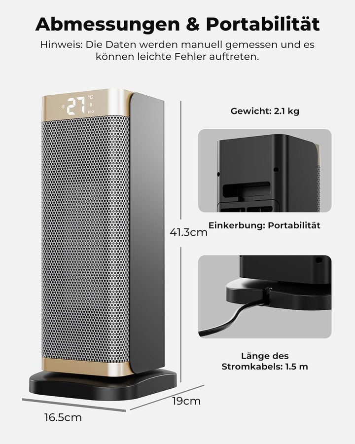 2000W Energiesparend Heizlüfter Leise - 3 Gänge PTC Keramik Schnell Heizung mit ECO Konstante Temper