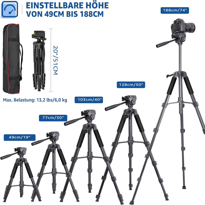 Kamera Stativ, Lusweimi 187cm Aluminium DSLR Stativ mit 360° Panorama Fluidkopf und 2 QR-Platten für