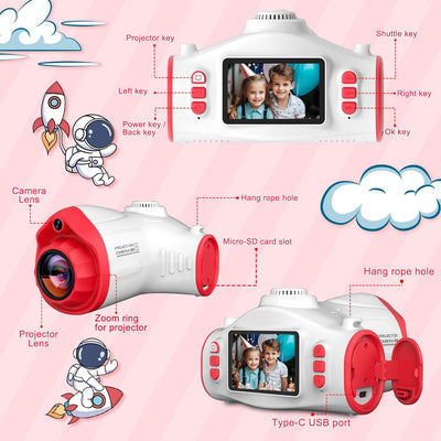 Ukuu Kinderkamera Beamer, 2-in-1 Digitalkamera und Projektor mit Stativ 32G TF-Karte und 2500mAh Akk