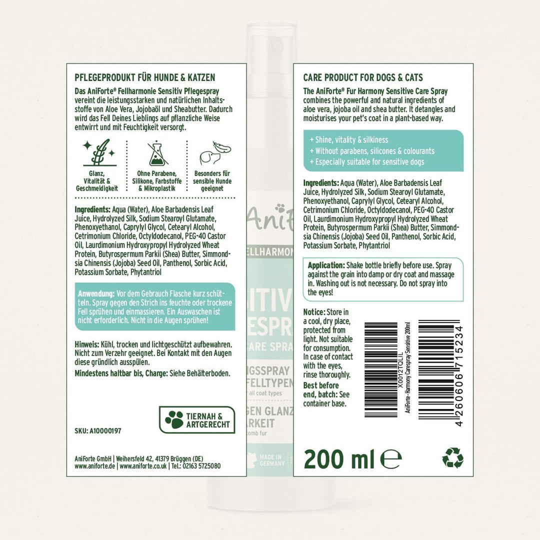 AniForte Fellharmonie Pflegespray Sensitive 200ml – Sanfte Fellpflege für Hunde & Katzen, Entwirrung