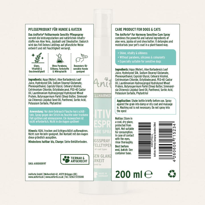 AniForte Fellharmonie Pflegespray Sensitive 200ml – Sanfte Fellpflege für Hunde & Katzen, Entwirrung