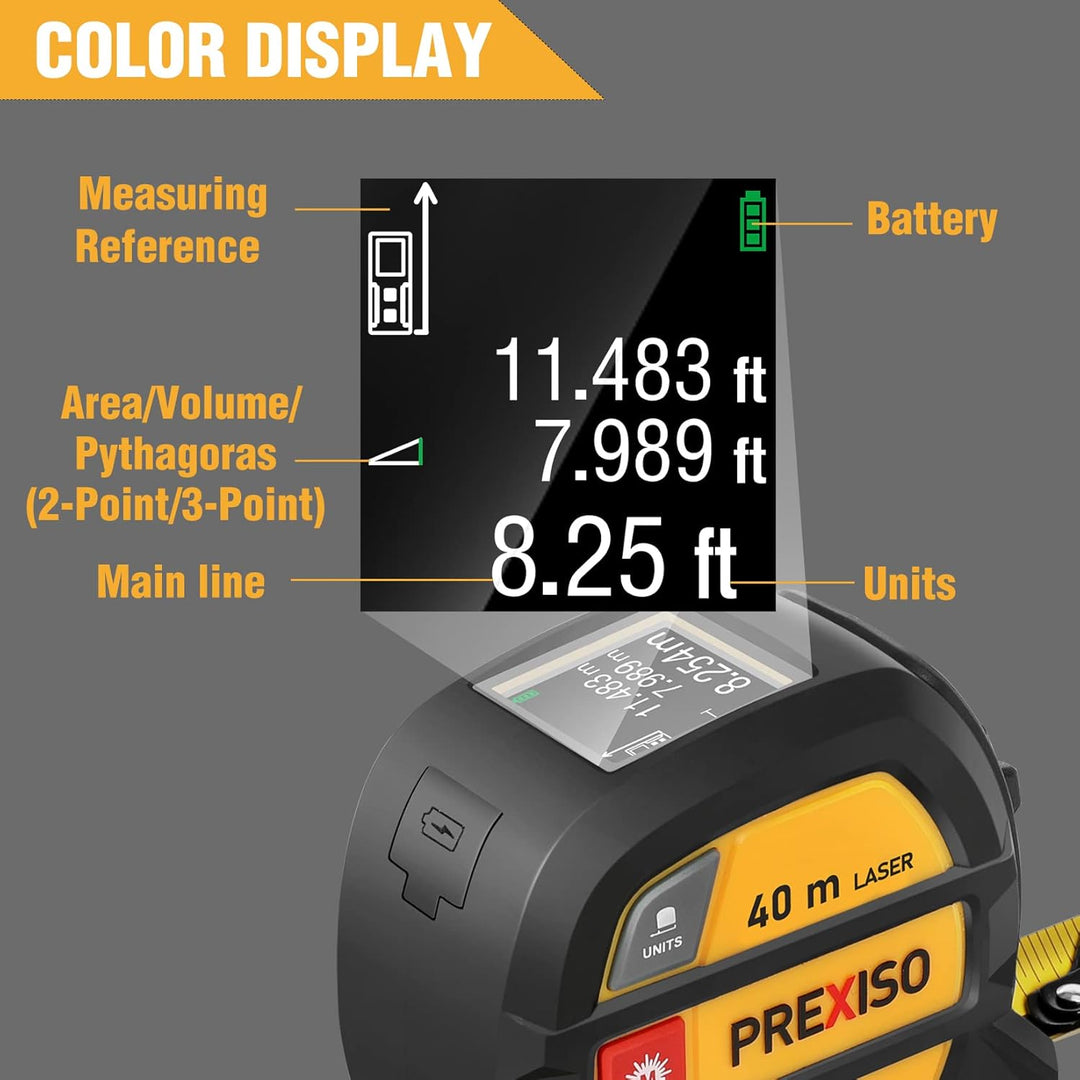 PREXISO Laser Entfernungsmesser 40m, Digitales, mit LCD Hintergrundbeleuchtung M/In/Ft, Wiederauflad