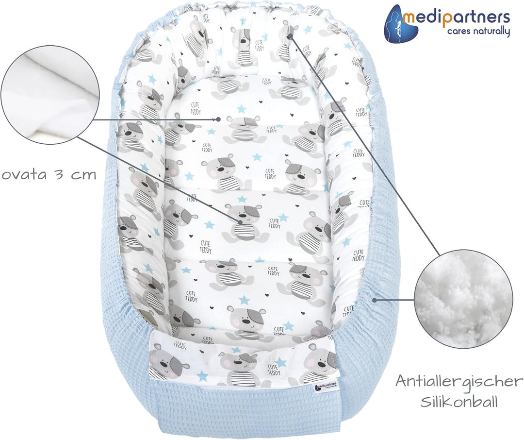 Medi Partners Babynest Kuschelnest Babynestchen 100% Baumwolle Waffle Nestchen Reisebett für Babys S
