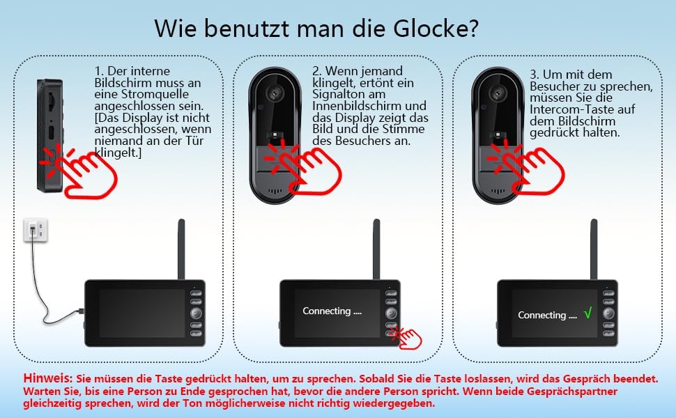 Winnes Video-Türklingel, wasserdicht IP65, Video-Gegensprechanlage mit 1080P 4,3'' IPS-Bildschirm, k