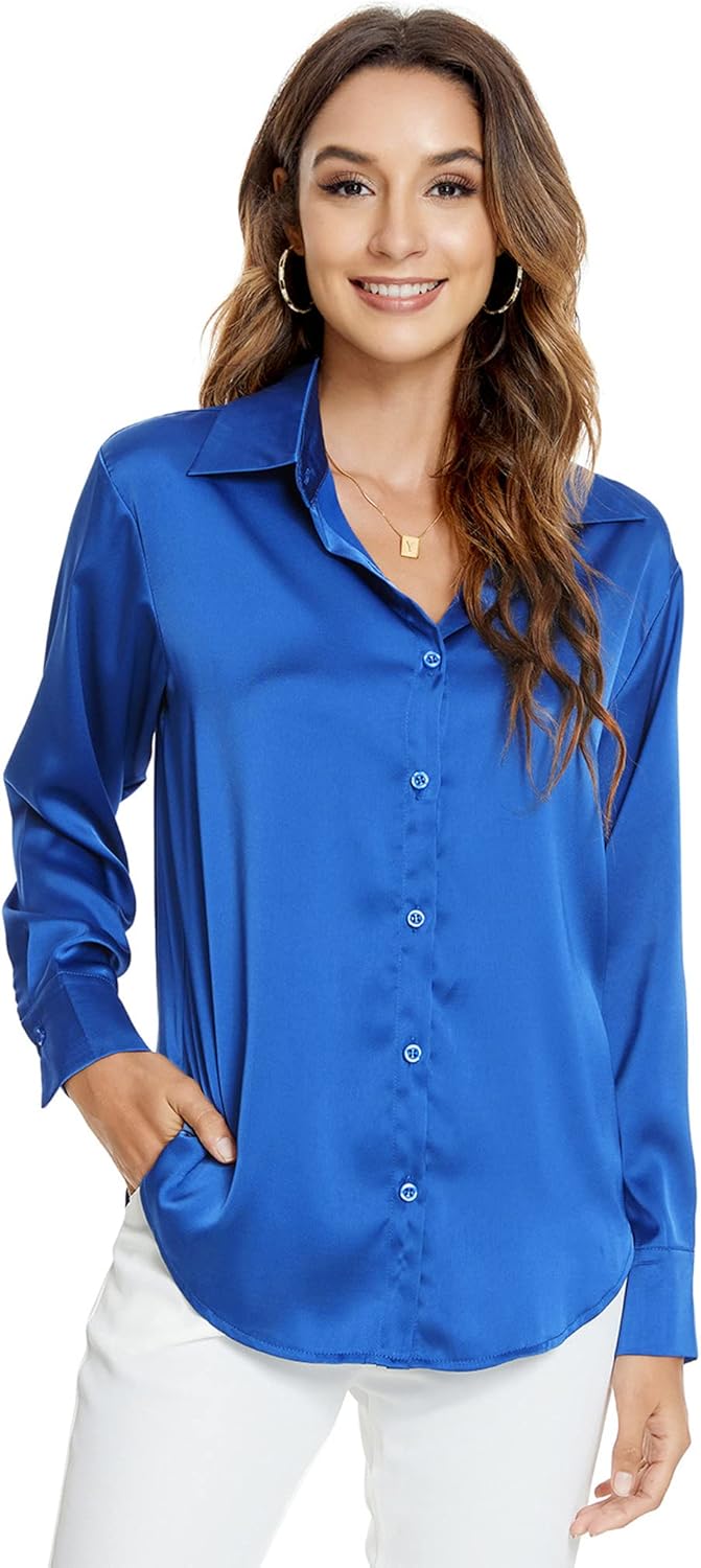 Atnlewhi Damen Bluse Langarm Knöpfen Satin Seide Hemden Basic Kent Kragen Arbeit Büro Formelle Casua