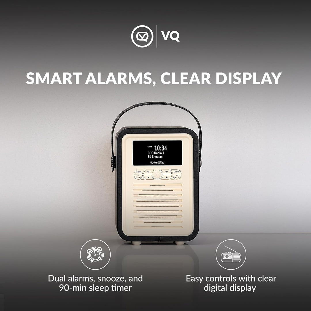 VQ Retro Mini Tragbares Radio mit Bluetooth-Lautsprecher und 60 Voreinstellungen. Enthält ein DAB-Ra