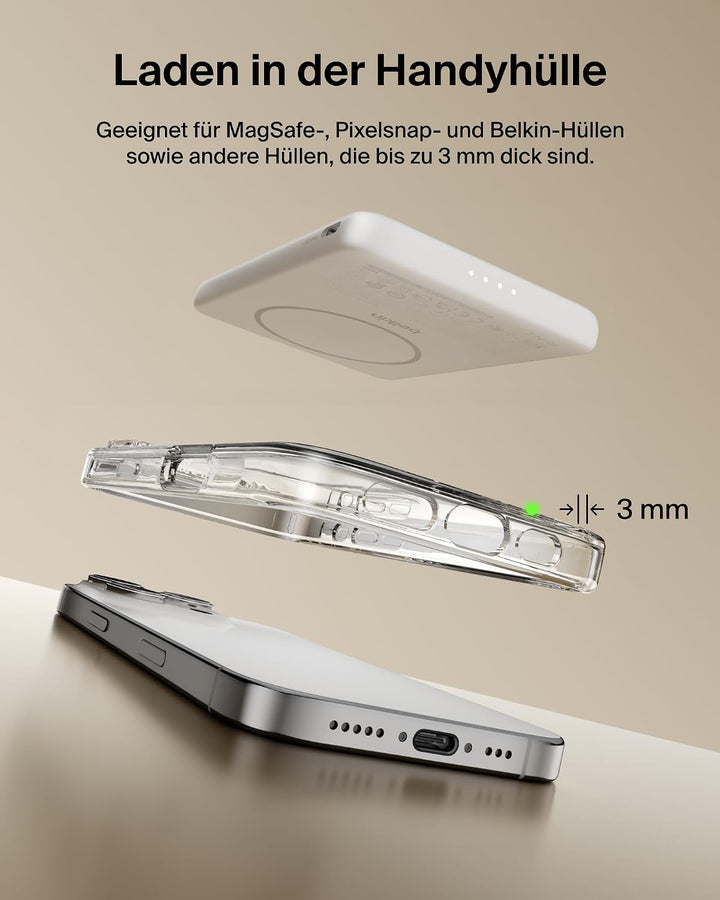 Belkin BoostCharge 5000mAh Magnetische Power Bank, USB-C-Port – Weiss | 5K Powerbank Kabellos, Magne