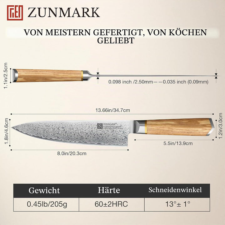 Kochmesser, professionelles Küchenmesser aus 67-lagigem Damaszenerstahl mit einzigartigem, mit Hybri
