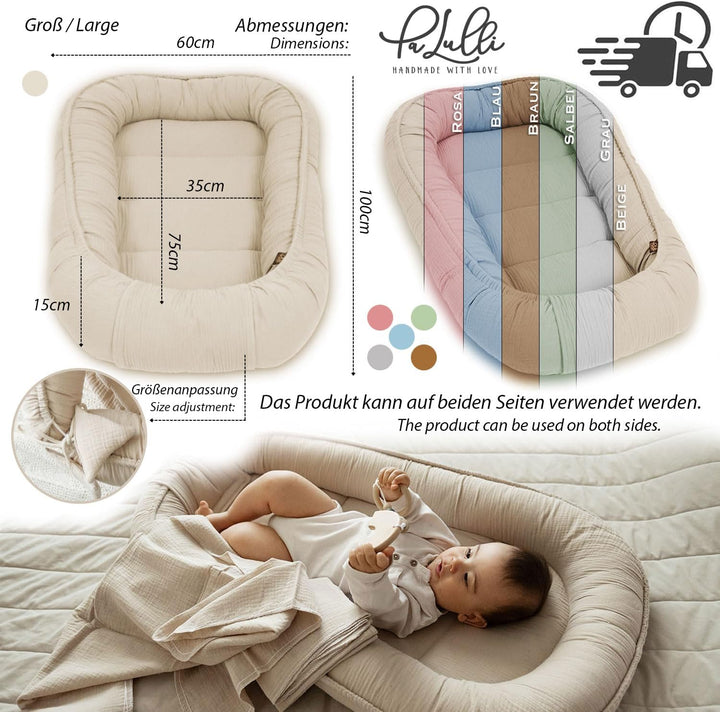 PaLulli Babynest aus 100% Musselin Baumwolle Premium Kuschelnest Babynestchen 100x60cm Klettverschlu