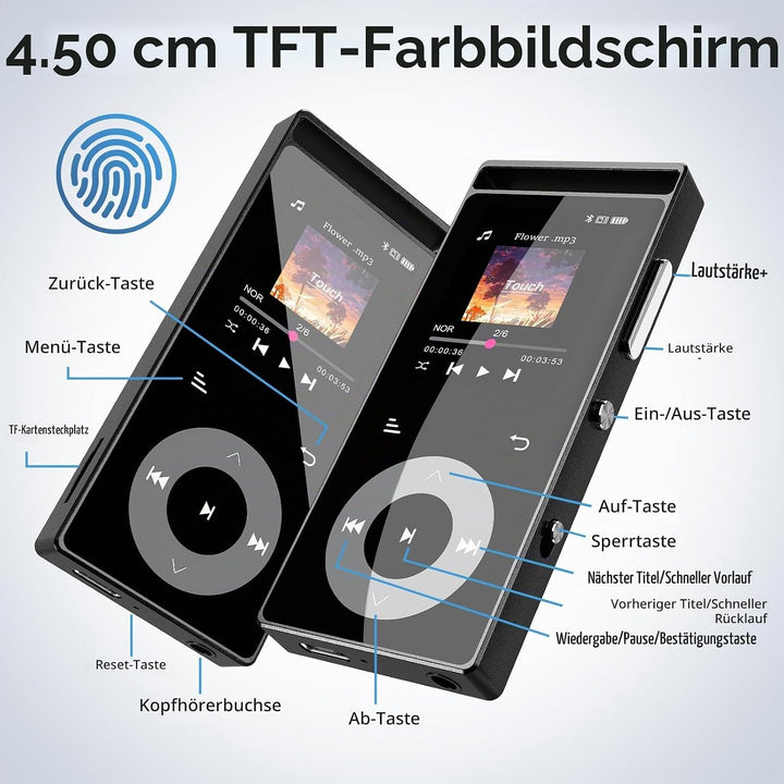 90GB MP3 Player Bluetooth 5.3, HiFi-Sound MP3-Player mit Touch-Tasten | MP3 mit Musik, Farbdisplay,