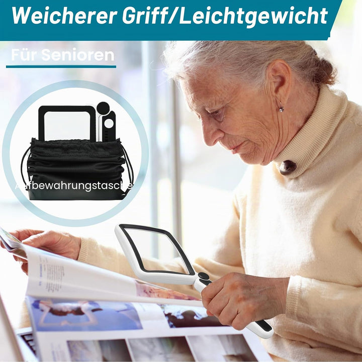 5-fache Lupe, verbesserte grosse Lupe zum Lesen, LED dimmbar, leichte Handlupe für Senioren, Lesen v