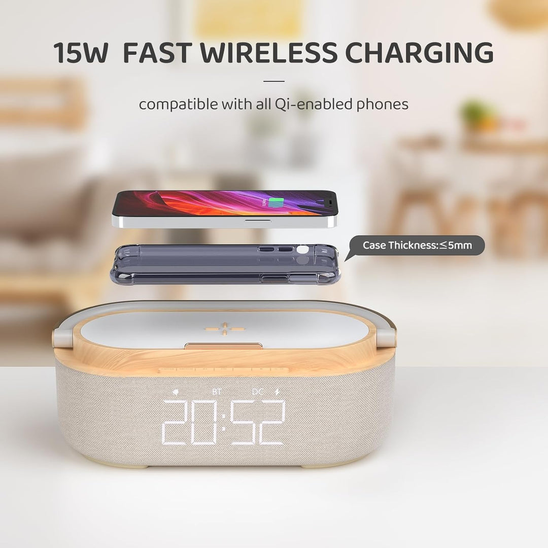 COLSUR Radiowecker Digital mit Wireless Charger, Bluetooth Lautsprecher mit USB-Ladegerät, Smart Wec