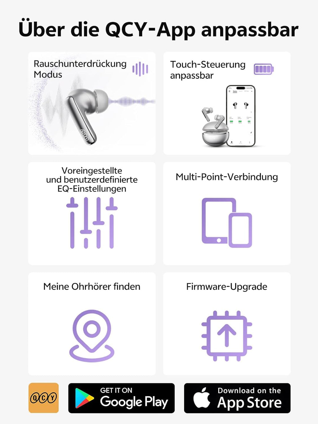 QCY MeloBuds N70 Bluetooth Kopfhörer mit Adaptive Hybride Geräuschunterdrückung,-56dB Noise Cancelli