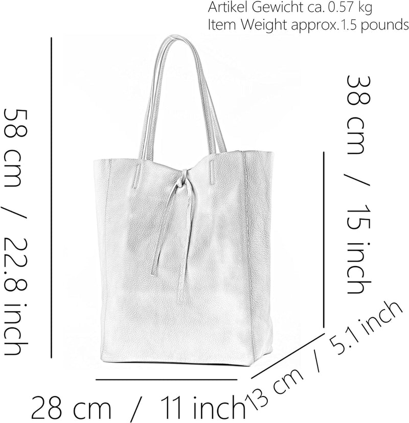 modamoda de - T163 - Ital. Shopper Large mit Innentasche aus Leder, Silber-metallic