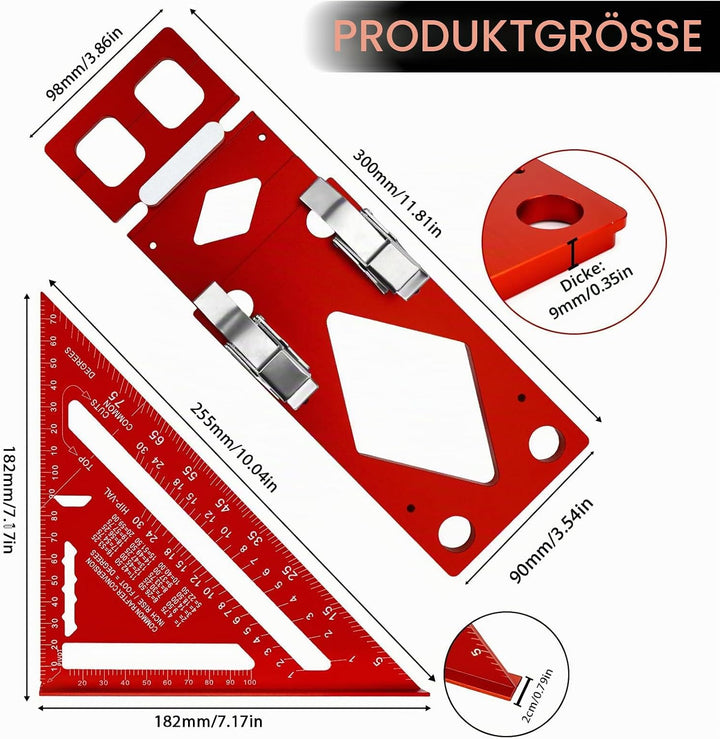90° Winkelanschlag + Metrisch Imperial Dreieckslineal, CNC-gefräster 90° Anschlag mit Kantenführung,
