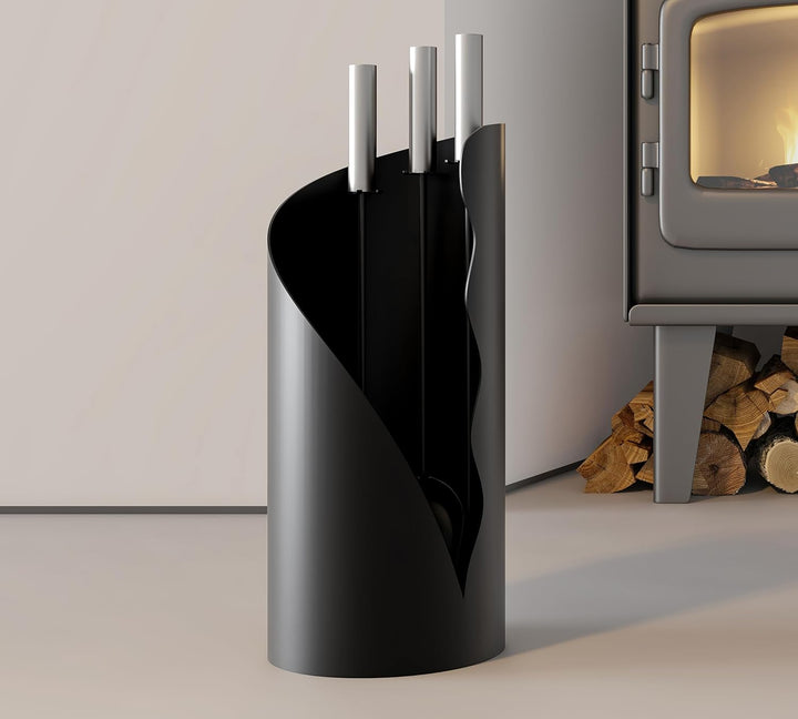 Kingson Kaminbegleiter-Set 3-teilig - Modernes Kaminbesteck mit Bürste, Schaufel & Schürhaken - Rund