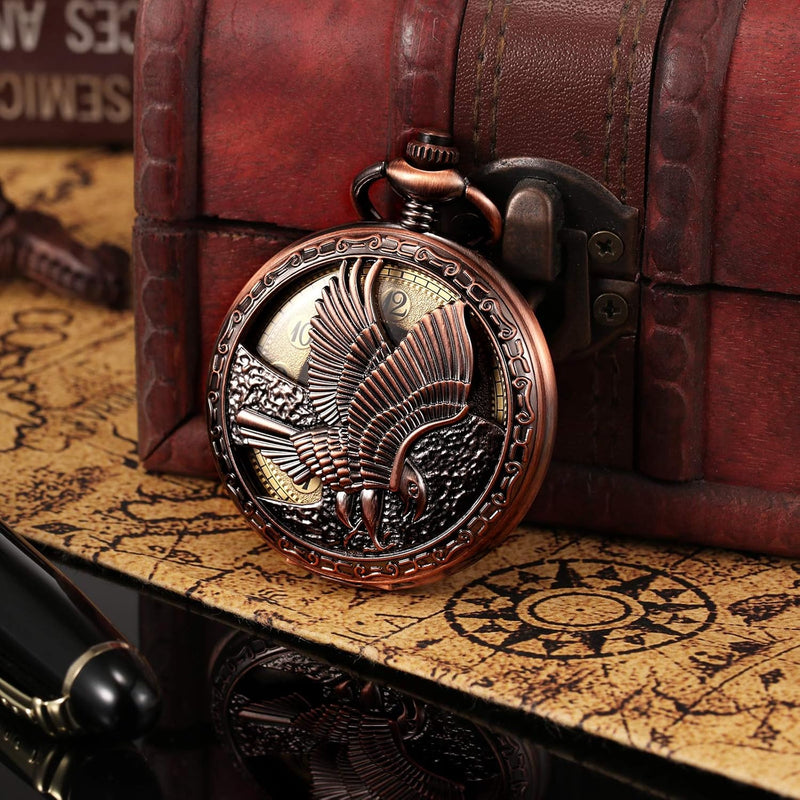 TREEWETO Herren Taschenuhr mit Kette, Retro Adler Analog Steampunk Skelett Uhr, Mechanisch Handaufzu